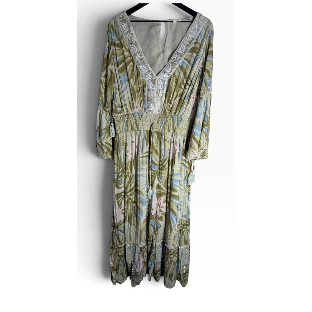 Beyond Words 2xl V-Neck Bohemian Boho Green Floral Maxi Dress with Tassels